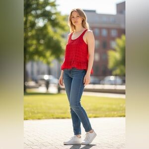 Kind Of Red Sleeveless Mesh Ruffle-Hem Camisole Size Large
